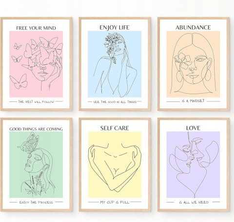 PLAKAT PASTELOWY ZESTAW 6 SZTUK druk na płótnie 20 x25 cm młodzieżowy