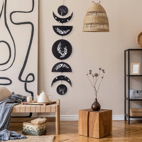 DEKORACJA ŚCIENNA FAZY CYKL KSIĘŻYCA drewniana czarna zawieszka boho