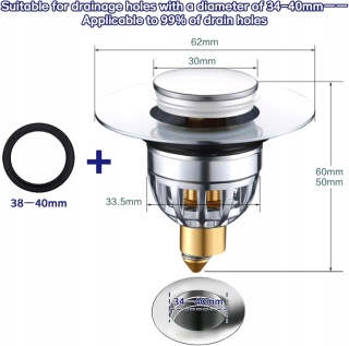 KOREK DO UMYWALKI WANNY click-clack 34- 40 mm z sitkiem srebrny