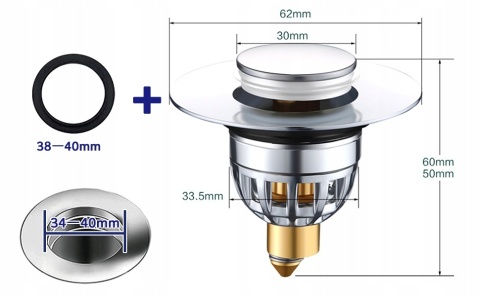 KOREK DO UMYWALKI WANNY click-clack 34- 40 mm z sitkiem srebrny