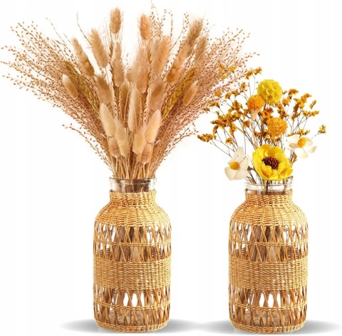 WAZON SZKLANY pleciony rattanowy ZESTAW 2 szt butelka boho rustykalny