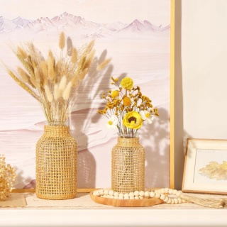 WAZON SZKLANY pleciony rattanowy ZESTAW 2 szt butelka boho rustykalny