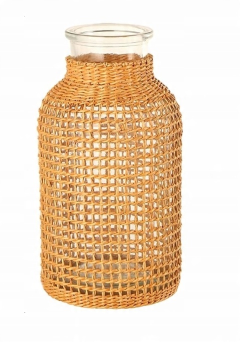 WAZON SZKLANY pleciony rattanowy ZESTAW 2 szt butelka boho rustykalny